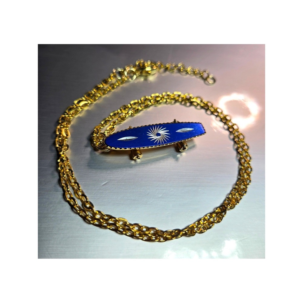 Skateboard Necklace Vintage 70s Cobalt Blue Starburst Gold Tone y2k Upcycled